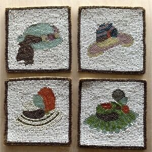 Lovely Kim Seybert Beaded Coasters LOT of 4 Ladies Fancy Hats 4 x 4